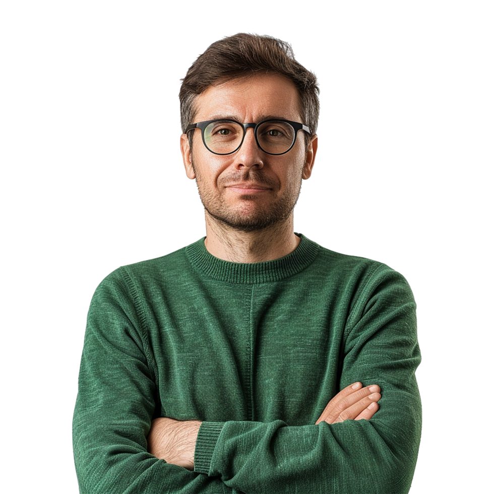 A man with glasses and a green sweater isolated on transparent background png