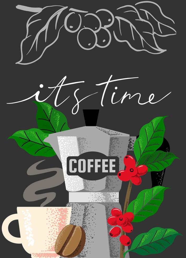 Cofee maker with Coffee branch on black. vector