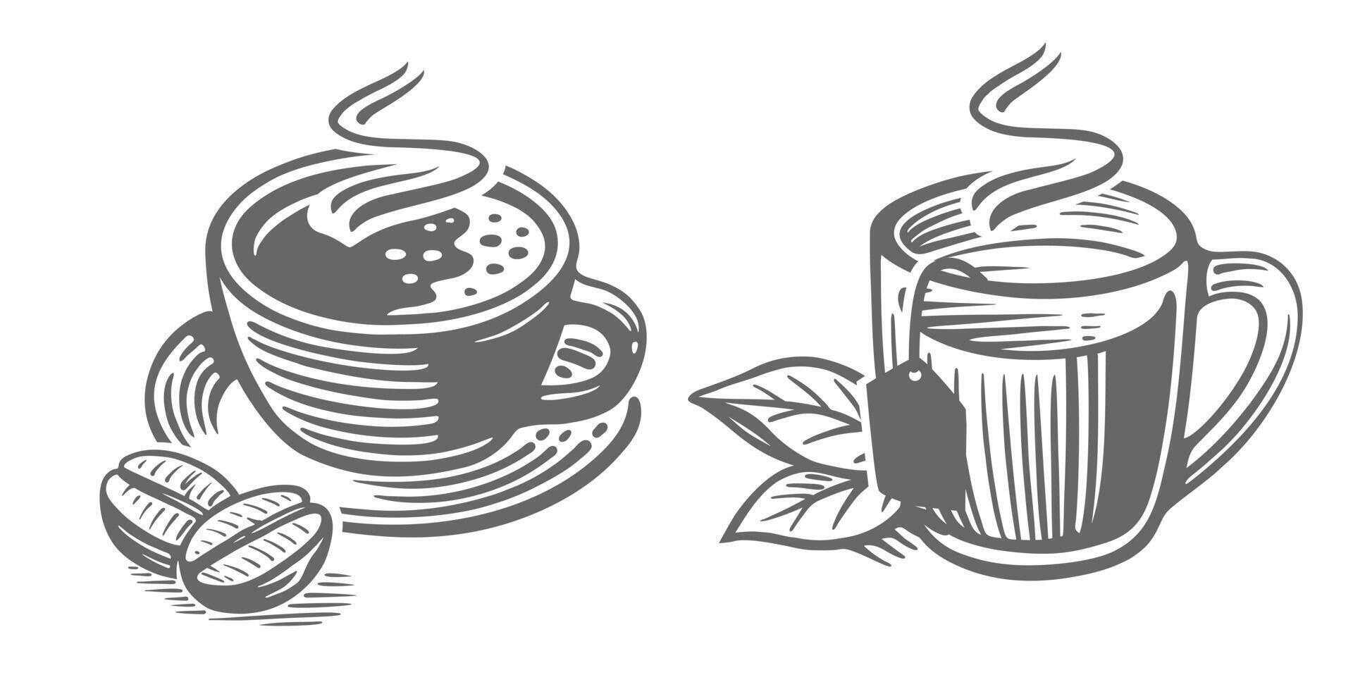 Green tea and coffee sketch. Cup drawing vector