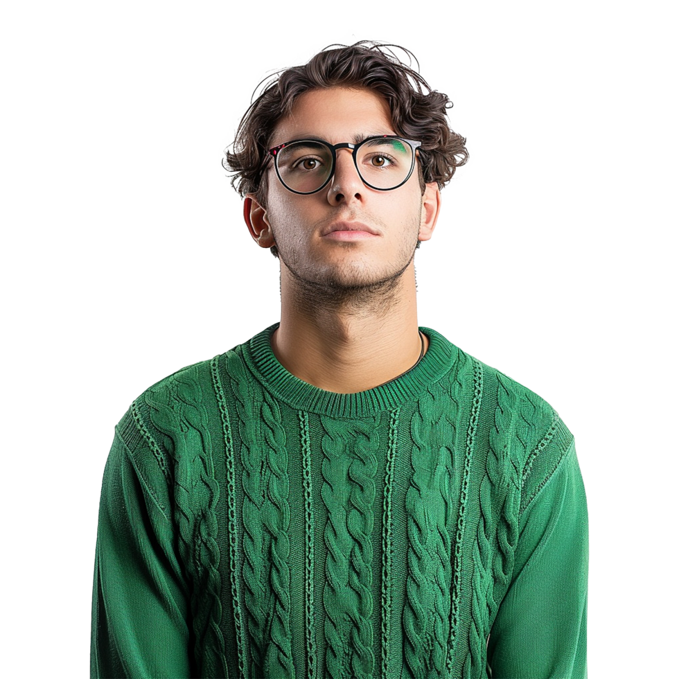 A man with glasses and a green sweater isolated on transparent background png