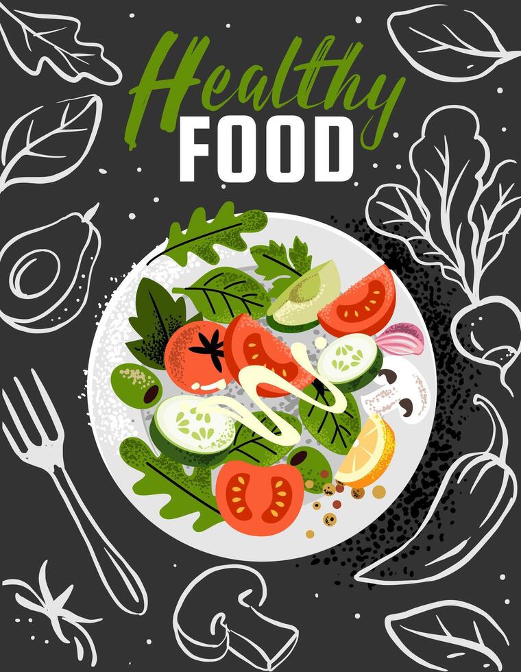 Vegetarian food banner with salad. Top view vector