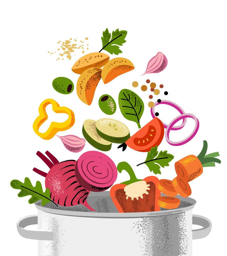 Fresh cut vegetables flying in pot. vector