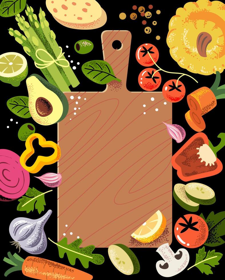 Cutting board and vegetables. Wood plate for prepare and cooking. vector
