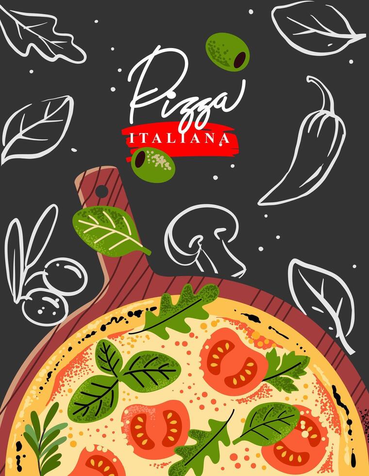 Pizza margherita with tomato, cheese, basil top view. Flat traditional italian vector