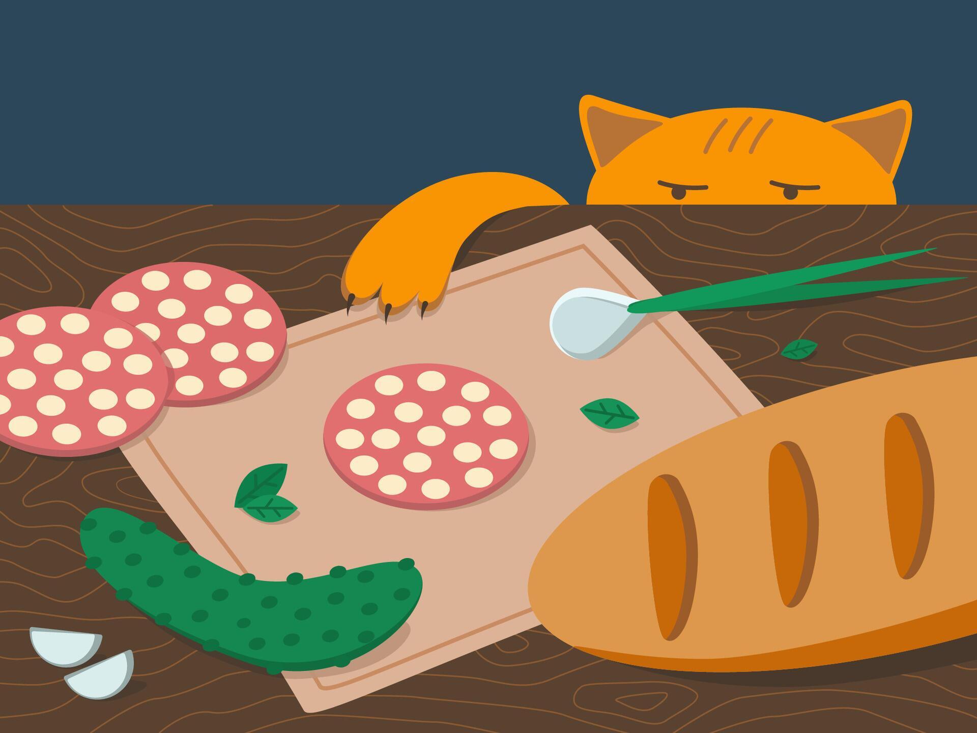Ginger cat steals food from table. Illustration of bread, sausage
