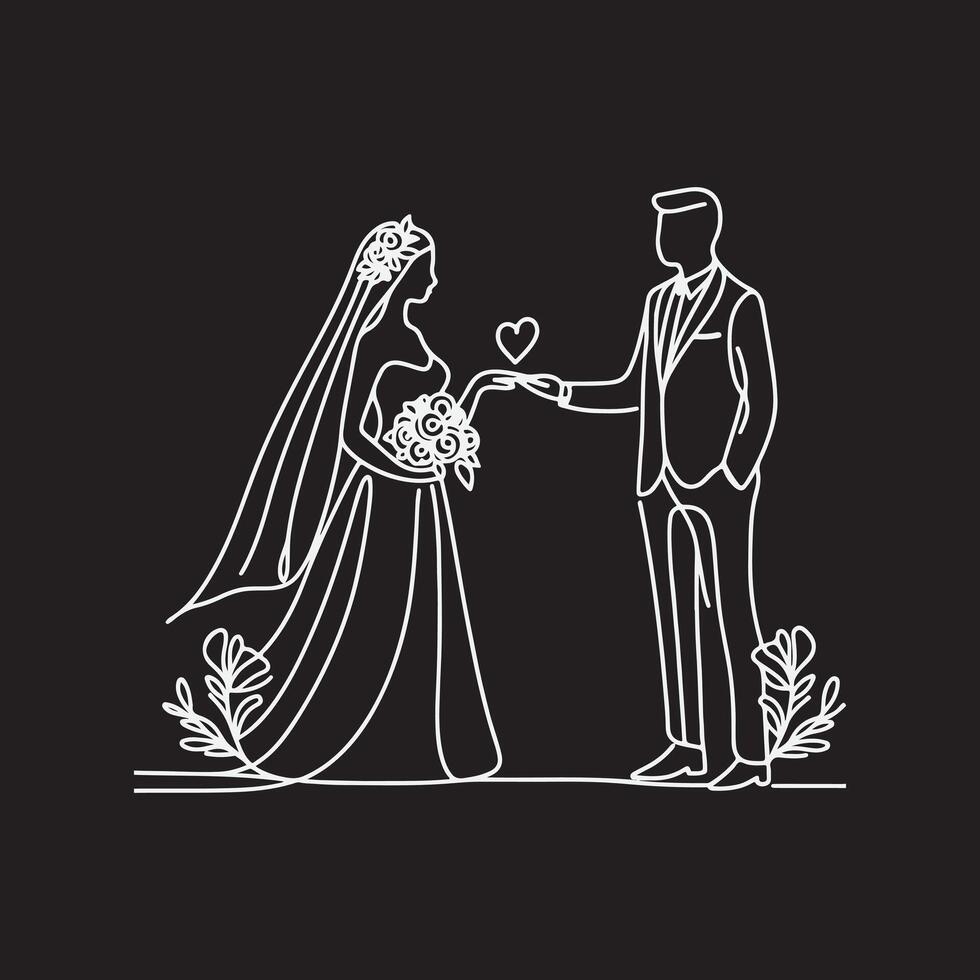 Continuous line drawing of bride and groom at wedding vector