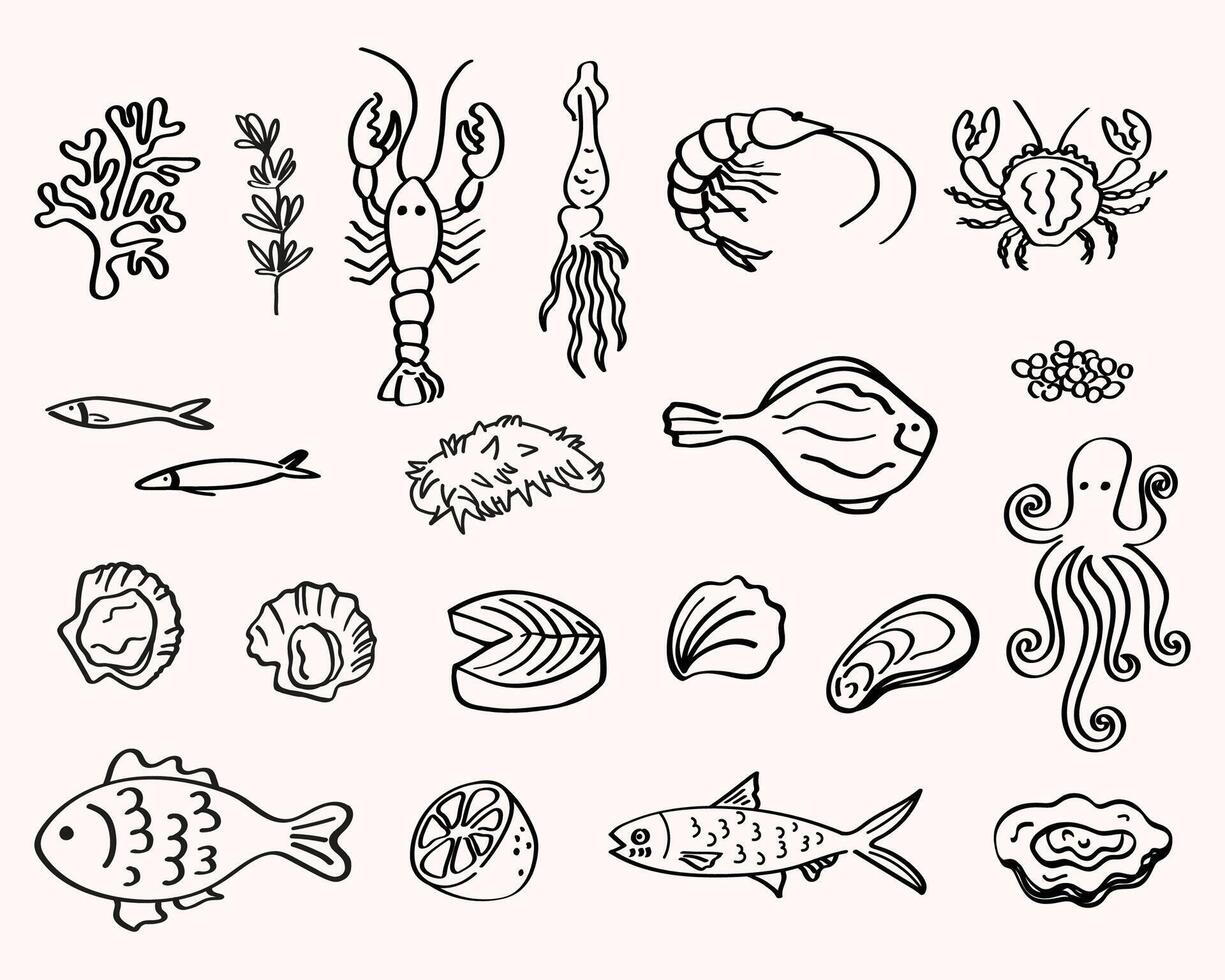 Seafood set hand drawn illustration. Ink sketch isolated on white background. Doodle with scallop, lobster, dorado, salmon, sardine, oyster, caviar, shrimp, crayfish, squid, mackerel, seaweed vector