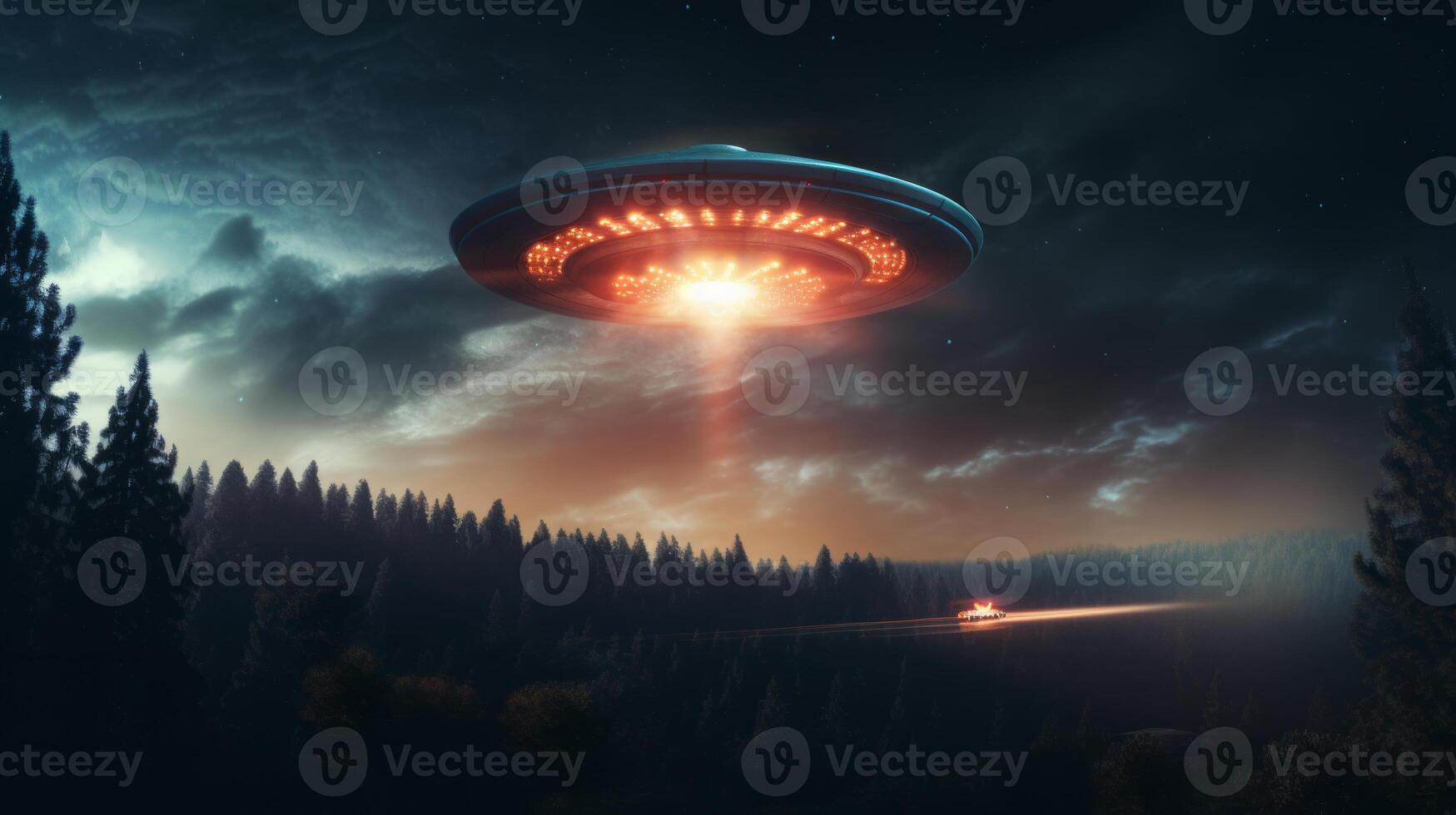 UFO, an alien plate hovering over the field, hovering motionless in the air. Neural network photo
