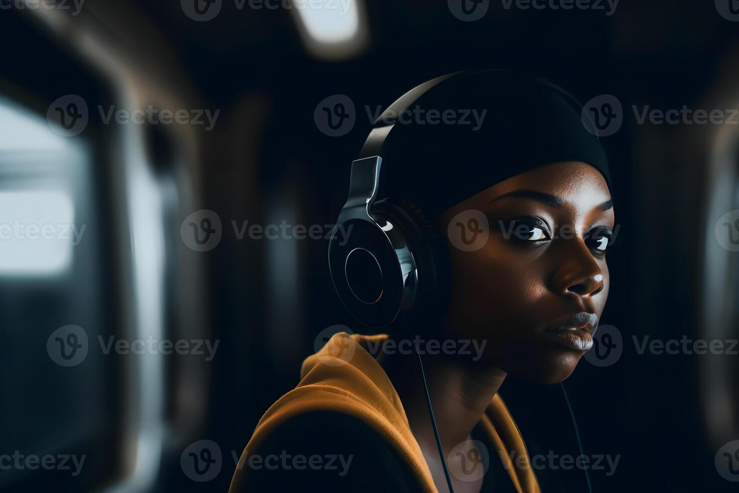 Happy young black woman sitting inside the underground listening to music. Neural network photo