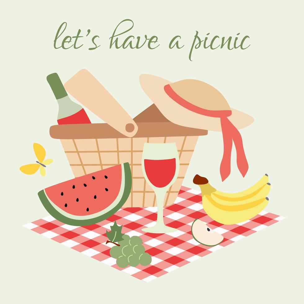 Bright Picnic Party Poster with Lettering. Flat illustration. Colorful Cartoon Invitation Placard to Outdoor Weekend dinner, Breakfast with Basket full of Food and Drink on Plaid at Forest Park vector