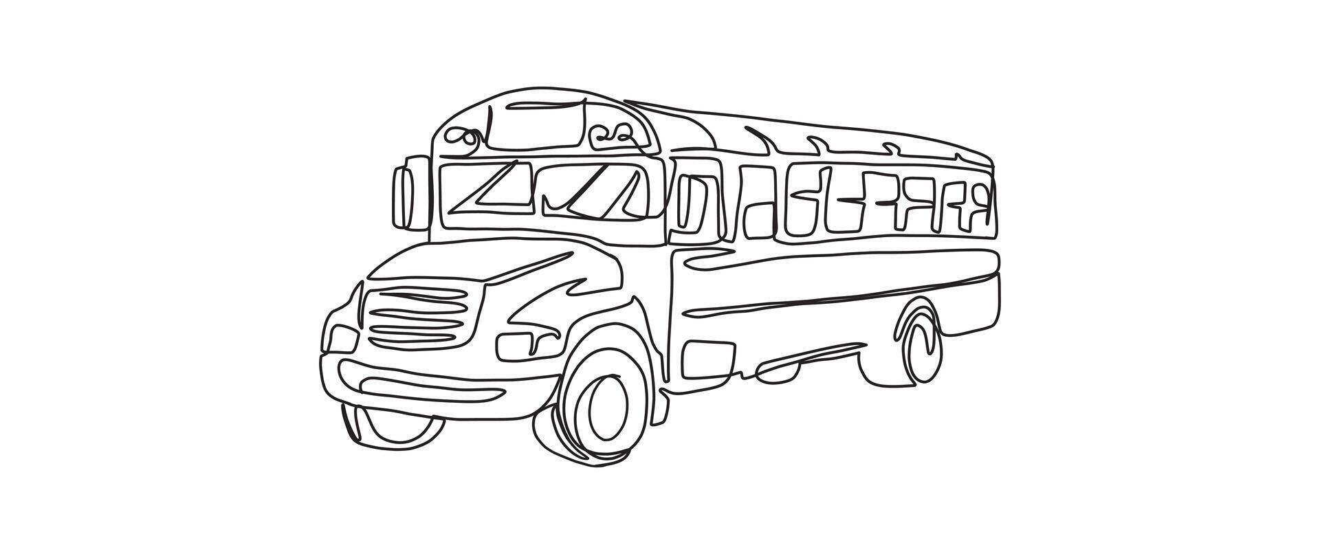 School bus continuous one line drawing, single line art element, minimalist sketch line illustration, back to school concept vector