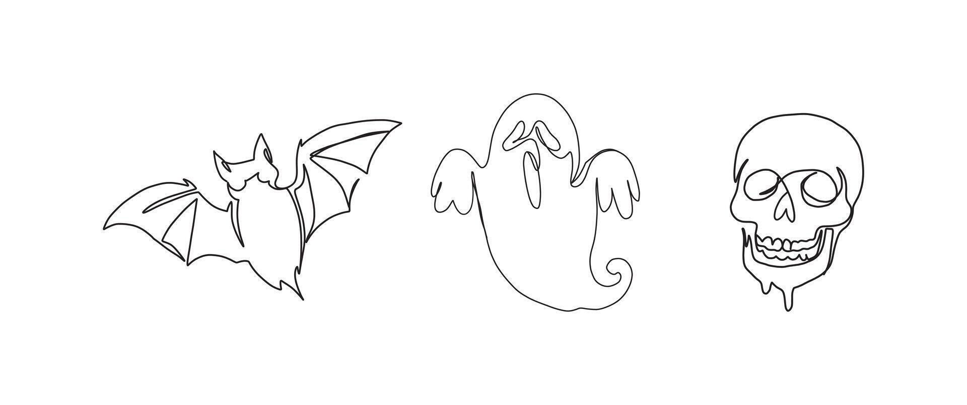 Bat, ghost, skull skeleton continuous one line drawing, single line art element, minimalist sketch line illustration, autum and thanksgiving concept vector