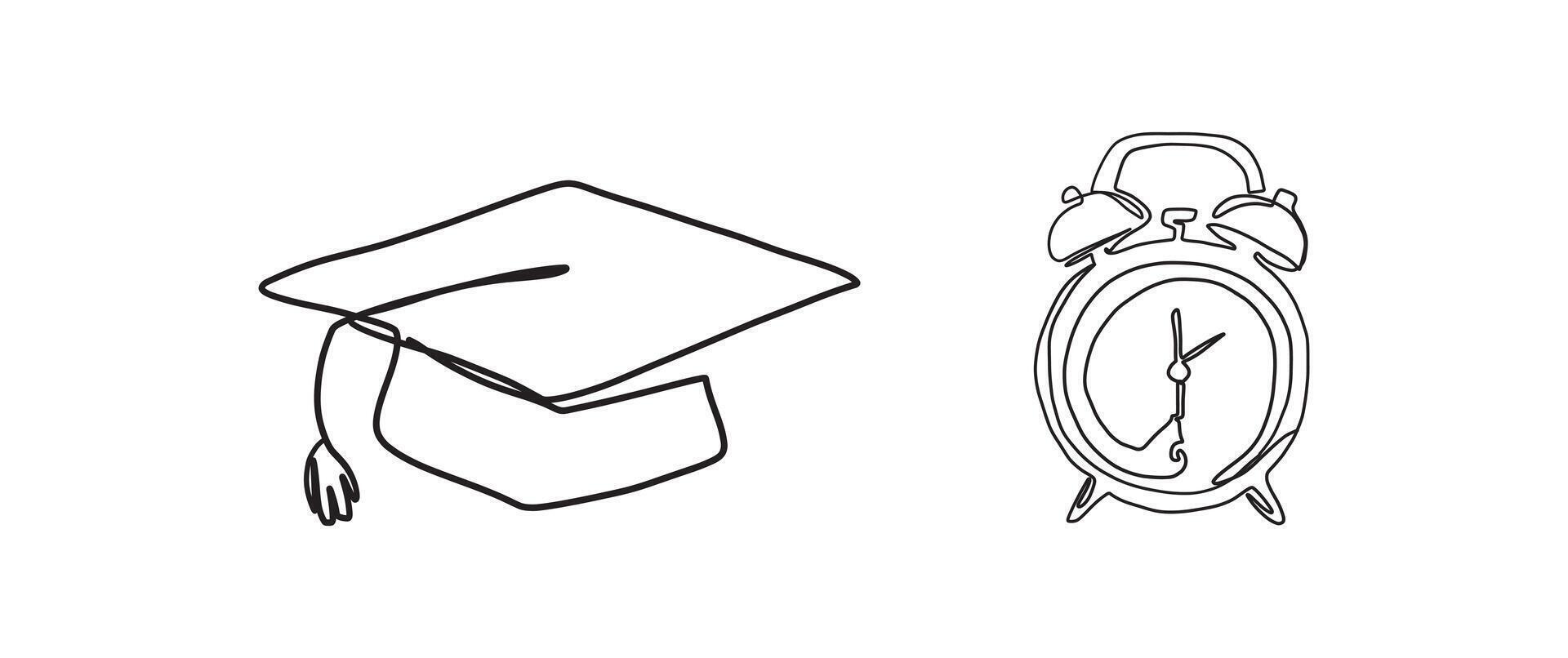 Graduation cap, clock continuous one line drawing, single line art element, minimalist sketch line illustration, back to school concept vector