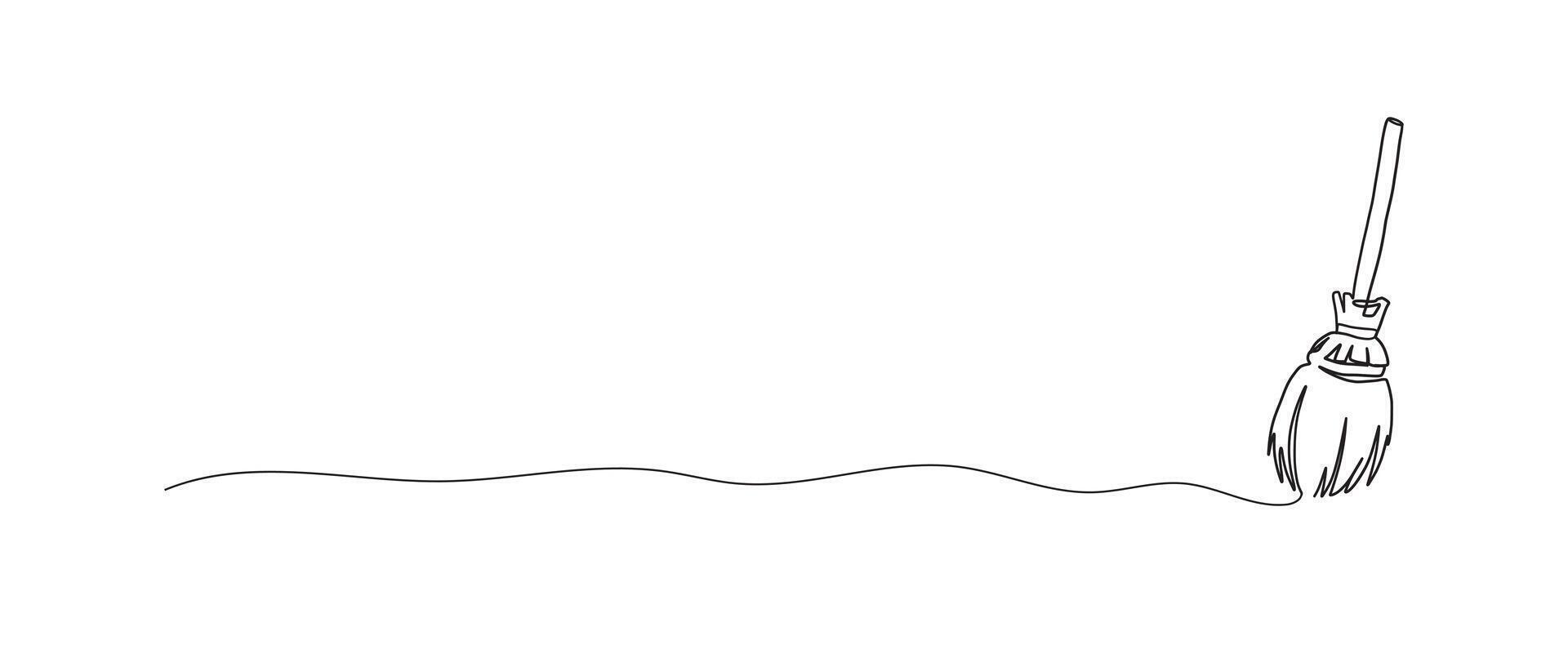 Witch broom continuous one line drawing, single line art element, minimalist sketch line illustration, halloween spooky concept vector