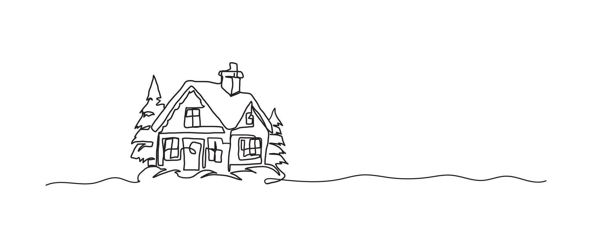 Snow-covered house continuous one line drawing, single line art element, minimalist sketch line illustration, christmas winter new year concept vector