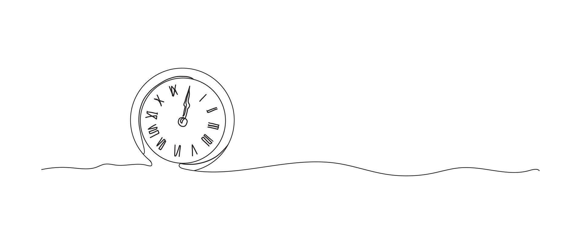 Clock countdown time continuous one line drawing, single line art element, minimalist sketch line illustration, christmas winter new year concept vector