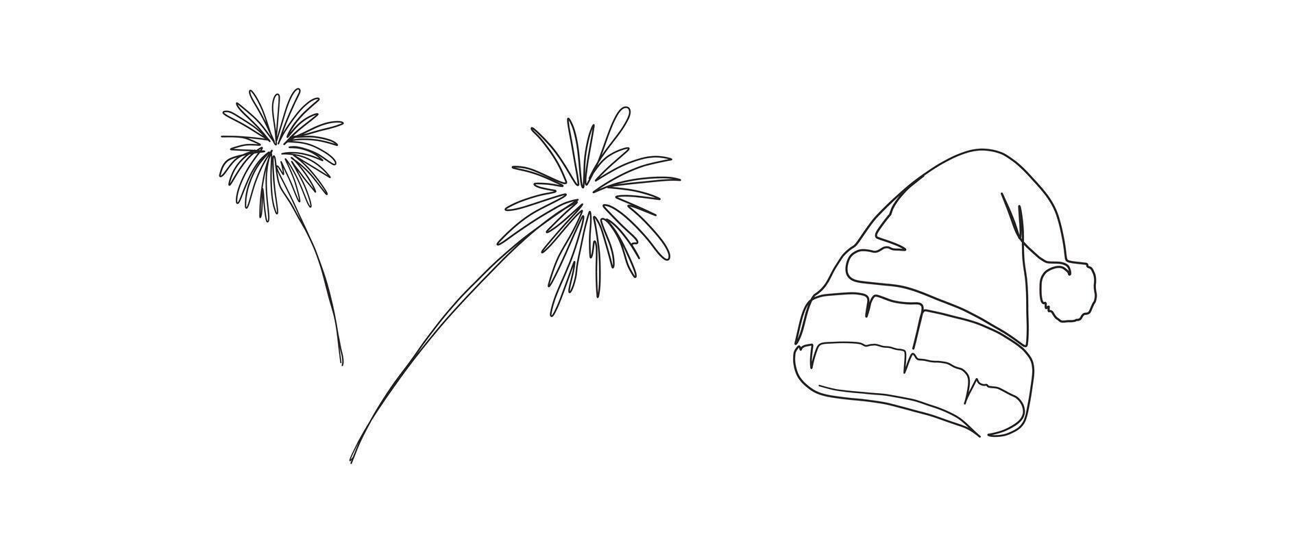 Fireworks, winter hat continuous one line drawing, single line art element, minimalist sketch line illustration, christmast winter new year concept vector