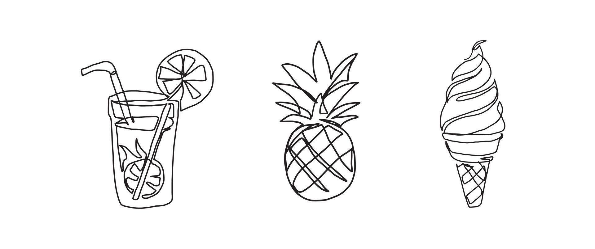 Pineapple, ice cream, lemonade glass continuous one line drawing, single line art element, minimalist sketch line illustration, summer holiday concept vector