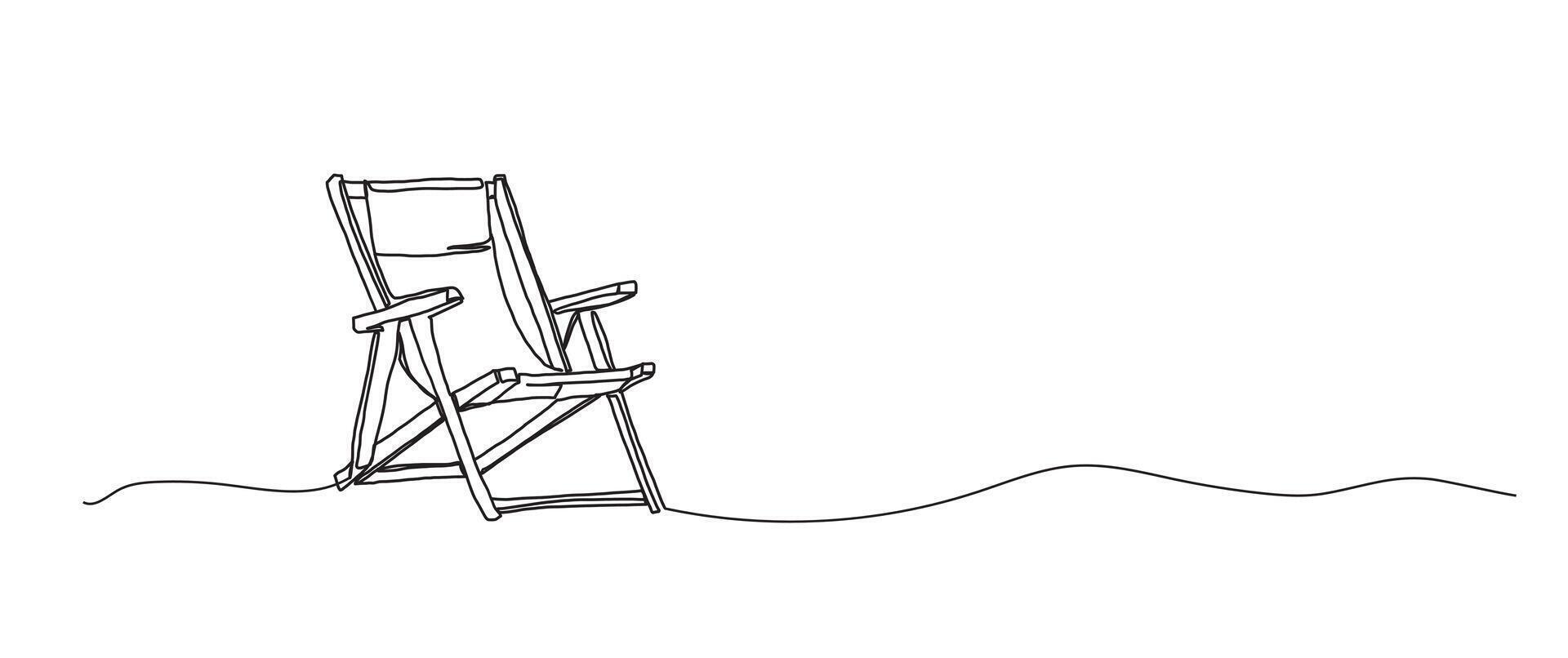 Beach chair continuous one line drawing, single line art element, minimalist sketch line illustration, summer travel holiday concept vector
