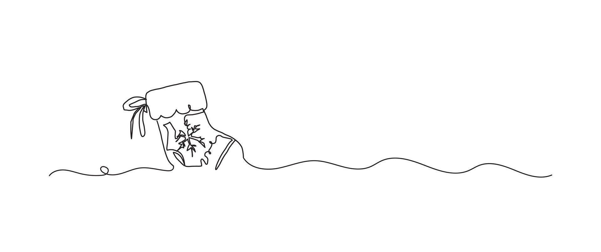 Santa sock continuous one line drawing, single line art element, minimalist sketch line illustration, christmas winter new year concept vector