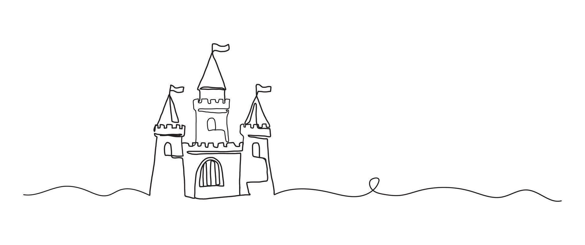 Sandcastle continuous one line drawing, single line art element, minimalist sketch line illustration, summer travel holiday concept vector