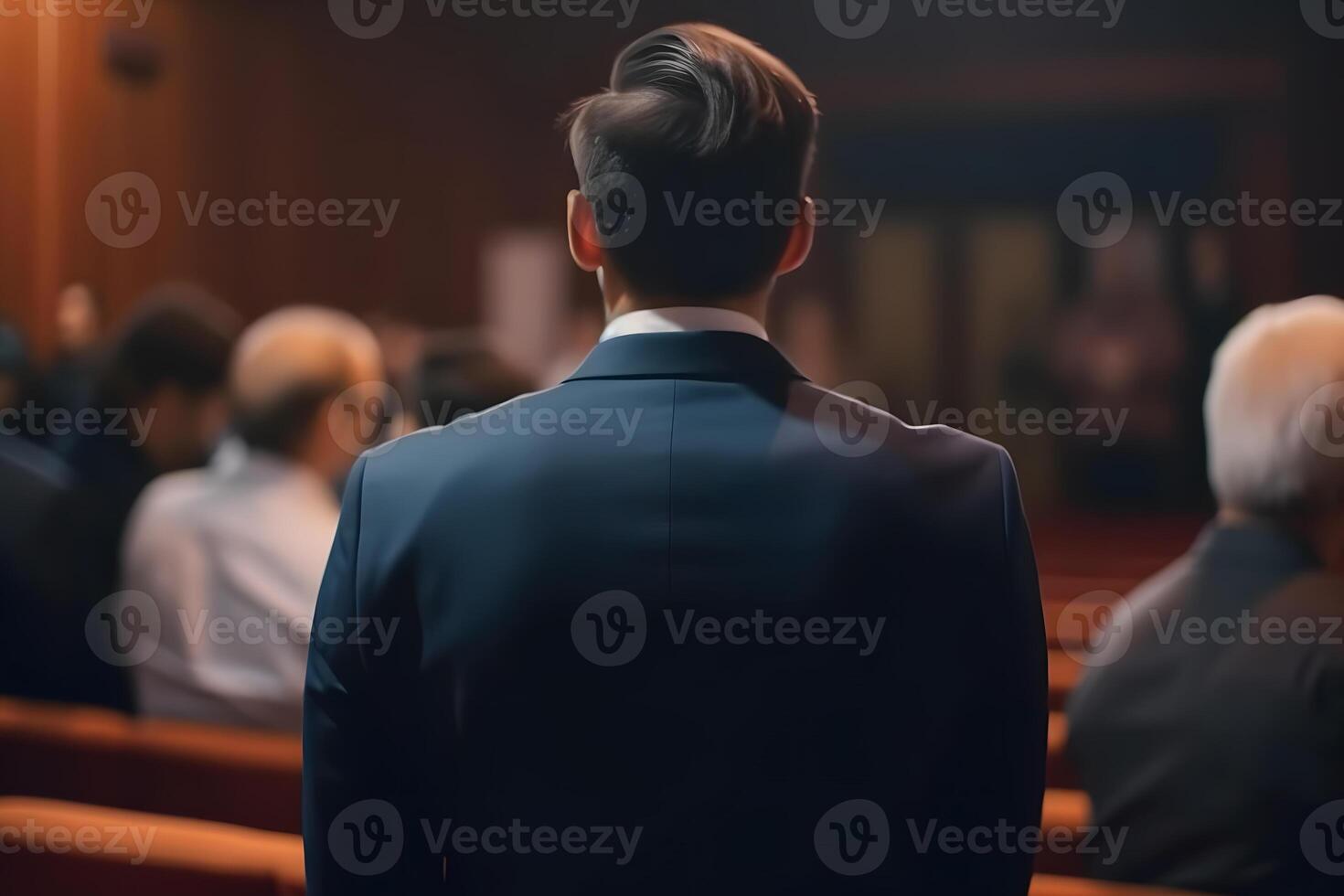 Speaker Giving a Talk at Business Meeting. Audience in the conference hall. Neural network photo