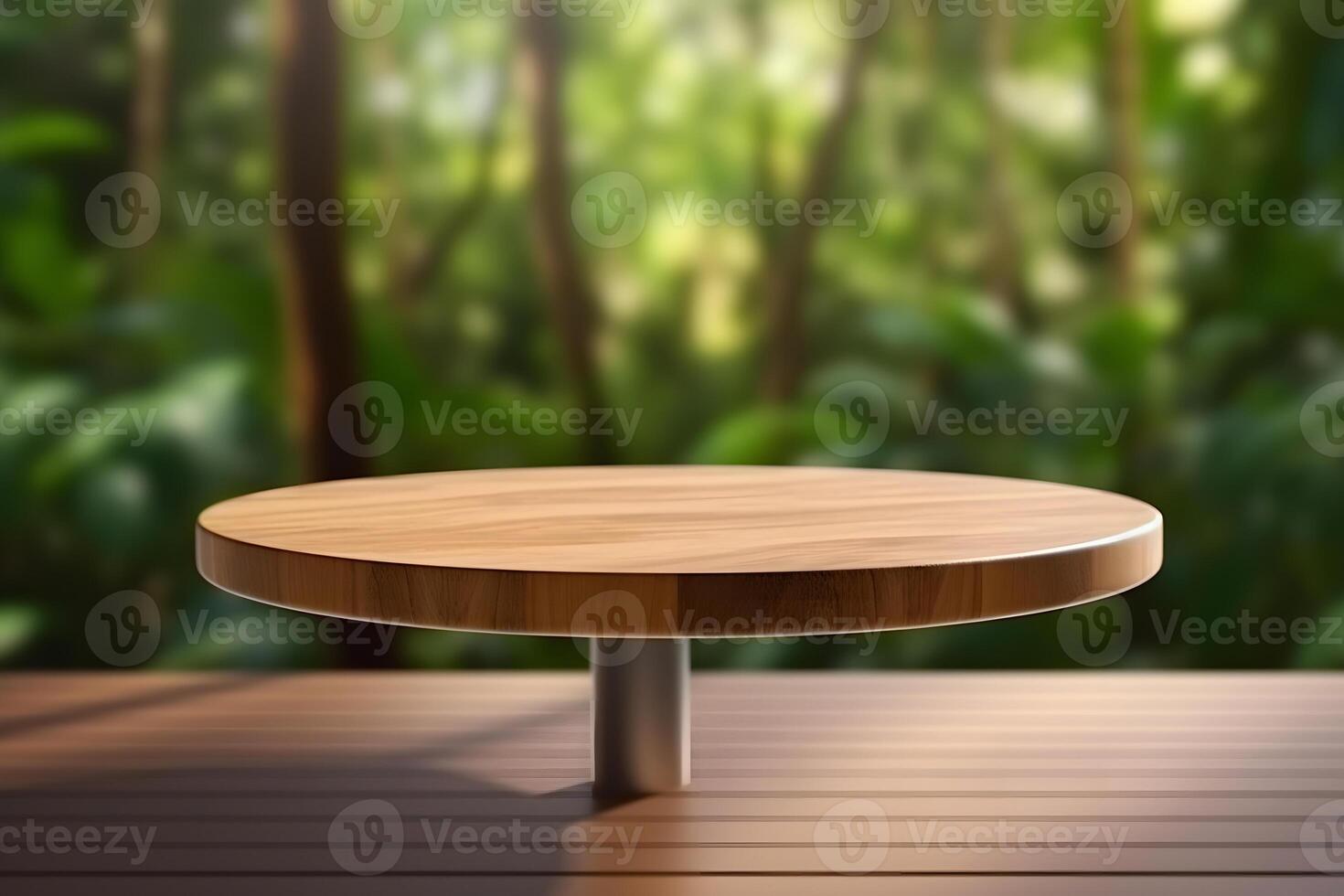 Jungle table background. Interior table for a cosmetic item against the backdrop of tropical plants, palms and jungle. Neural network photo