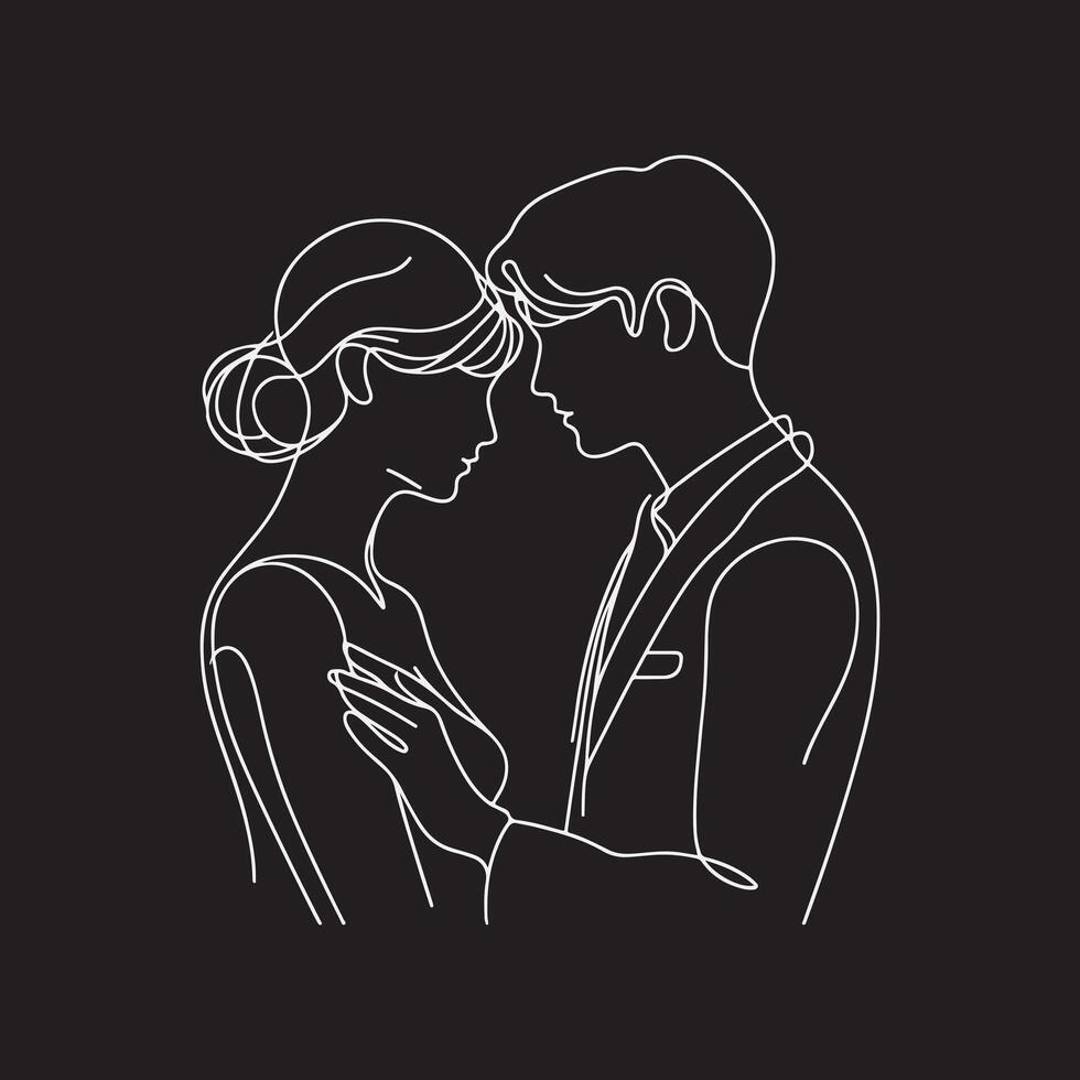 Continuous line drawing of bride and groom at wedding vector