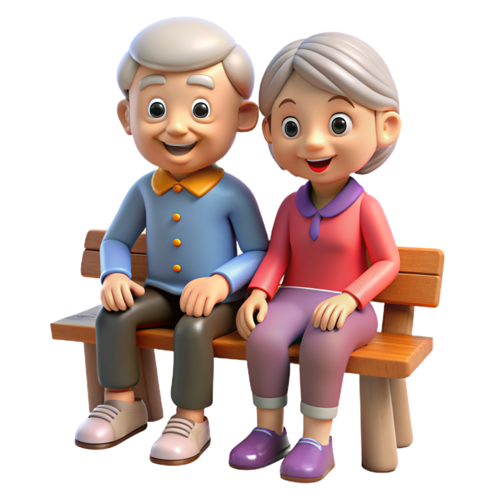 Grandparents Sitting on Wood Bench 3d Image png