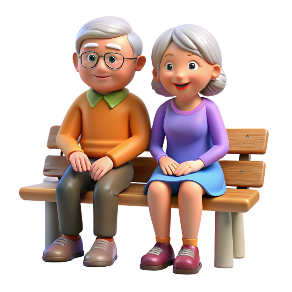 Grandparents Sitting on Wood Bench 3d Illustration png
