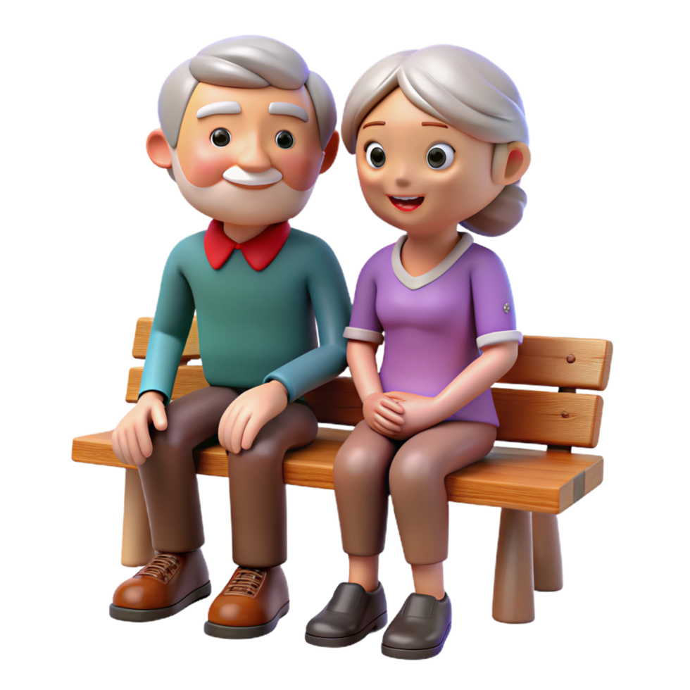 Grandparents Sitting on Wood Bench 3d Render png