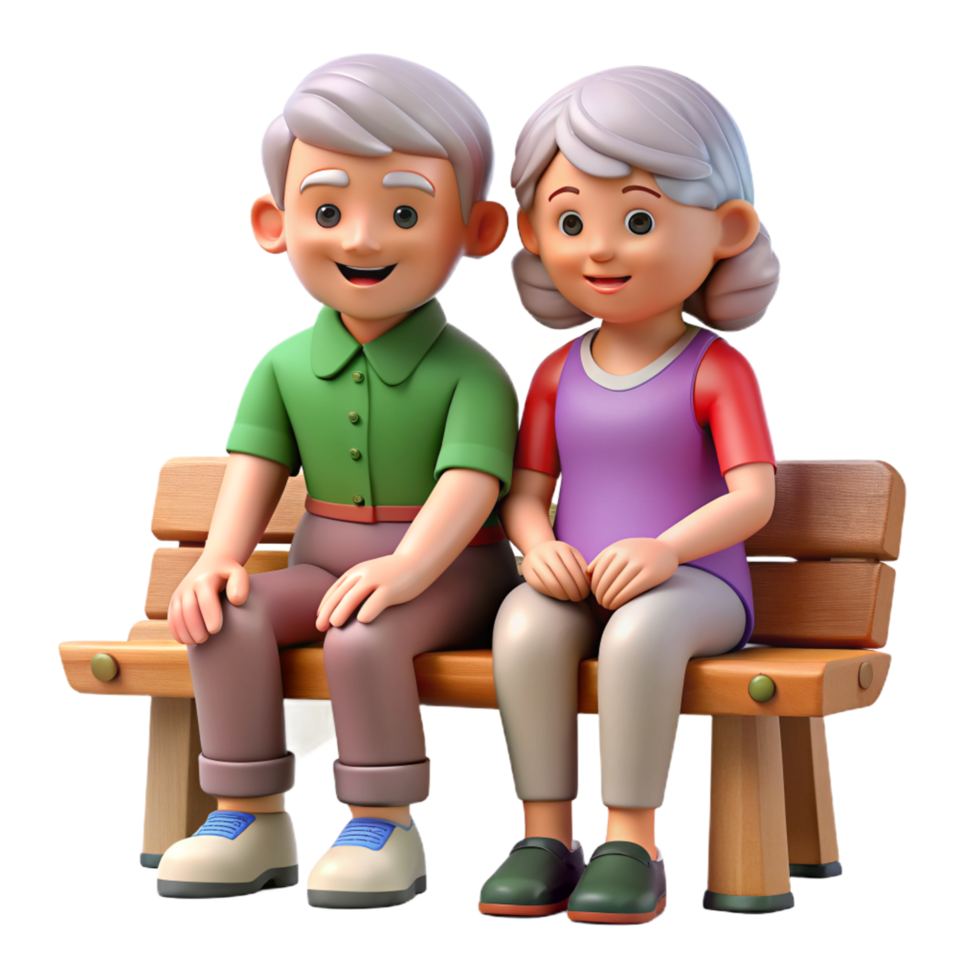 Grandparents Sitting on Wood Bench 3d png