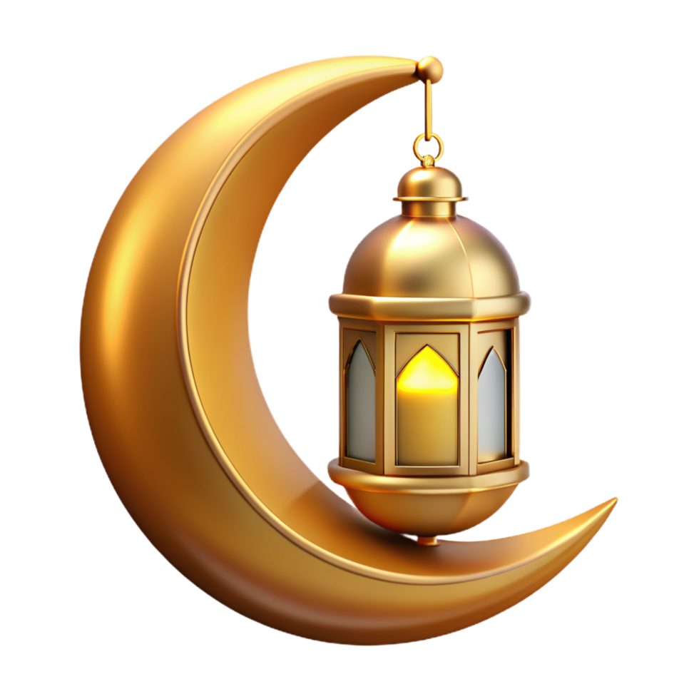 Golden Ramadan Ornament Crescent Moon with Lantern 3d Element png