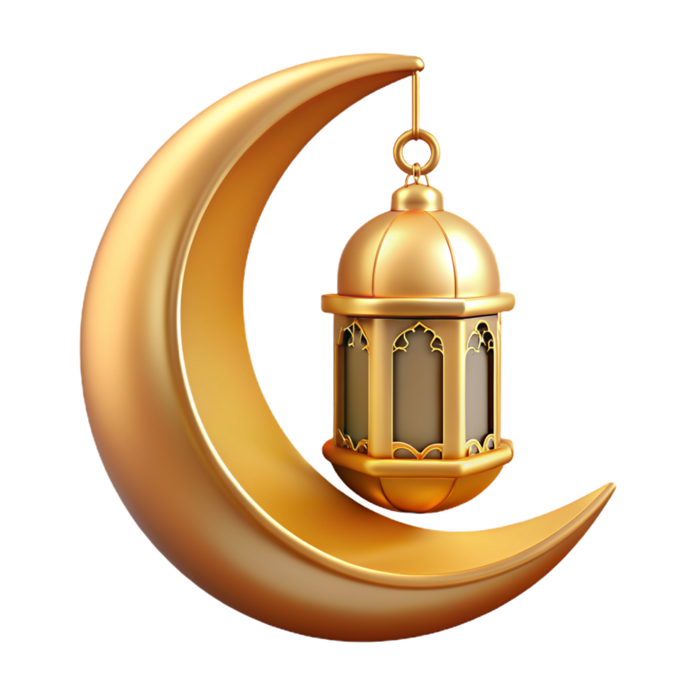 Golden Ramadan Ornament Crescent Moon with Lantern 3d Asset png