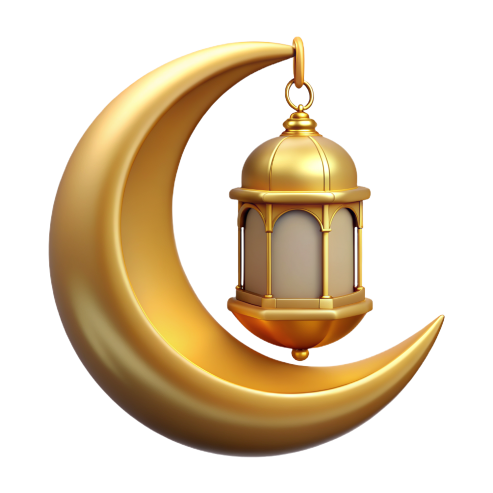 Golden Ramadan Ornament Crescent Moon with Lantern 3d Object png