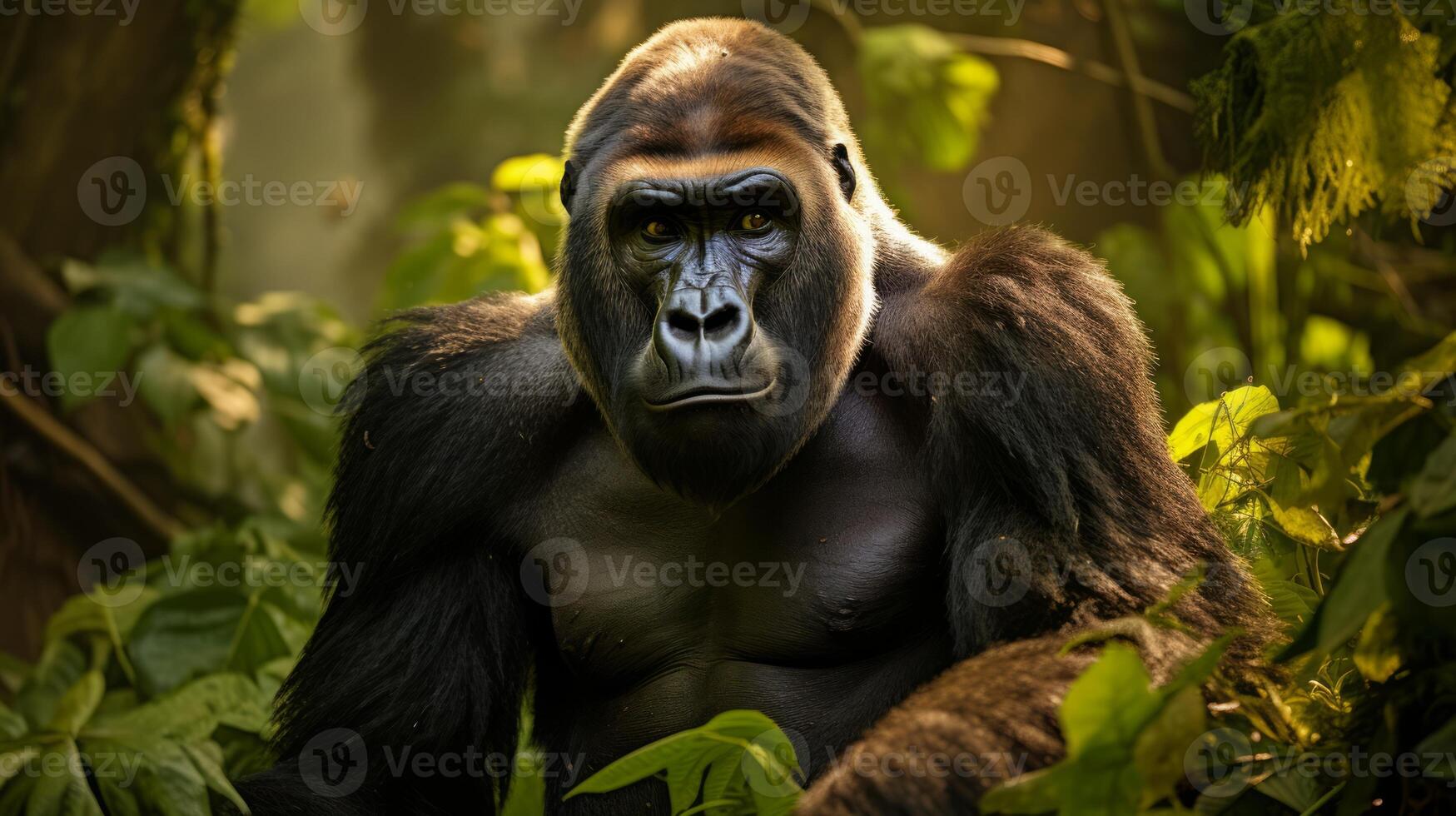 A silverback mountain gorilla in a rainforest. Neural network photo