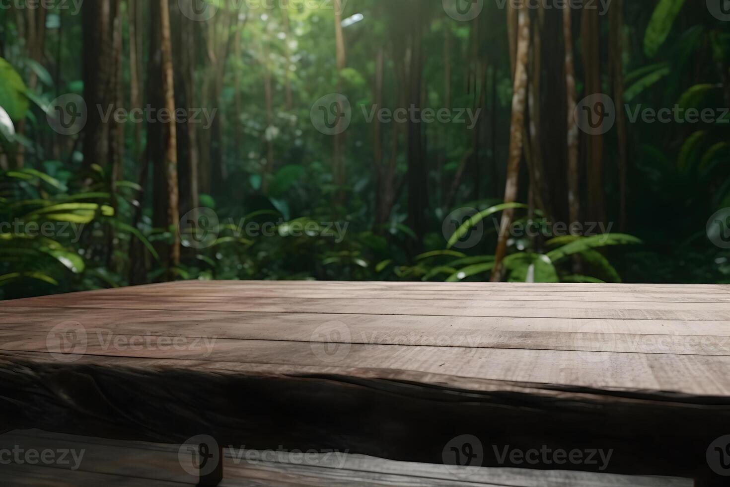Jungle table background. Interior table for a cosmetic item against the backdrop of tropical plants, palms and jungle. Neural network photo