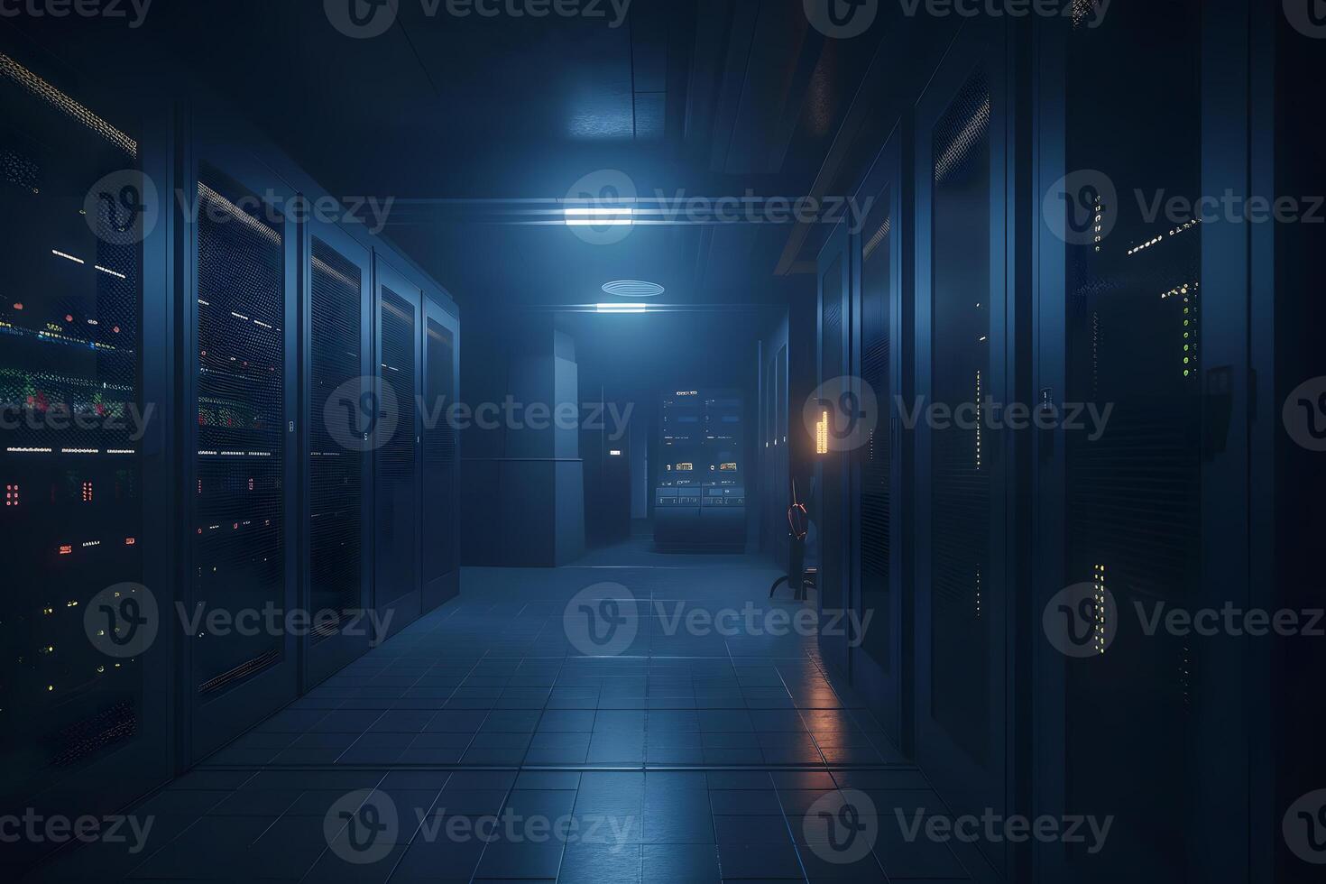 Shot of Data Center With Multiple Rows of Fully Operational Server Racks. Modern Telecommunications. Neural network photo