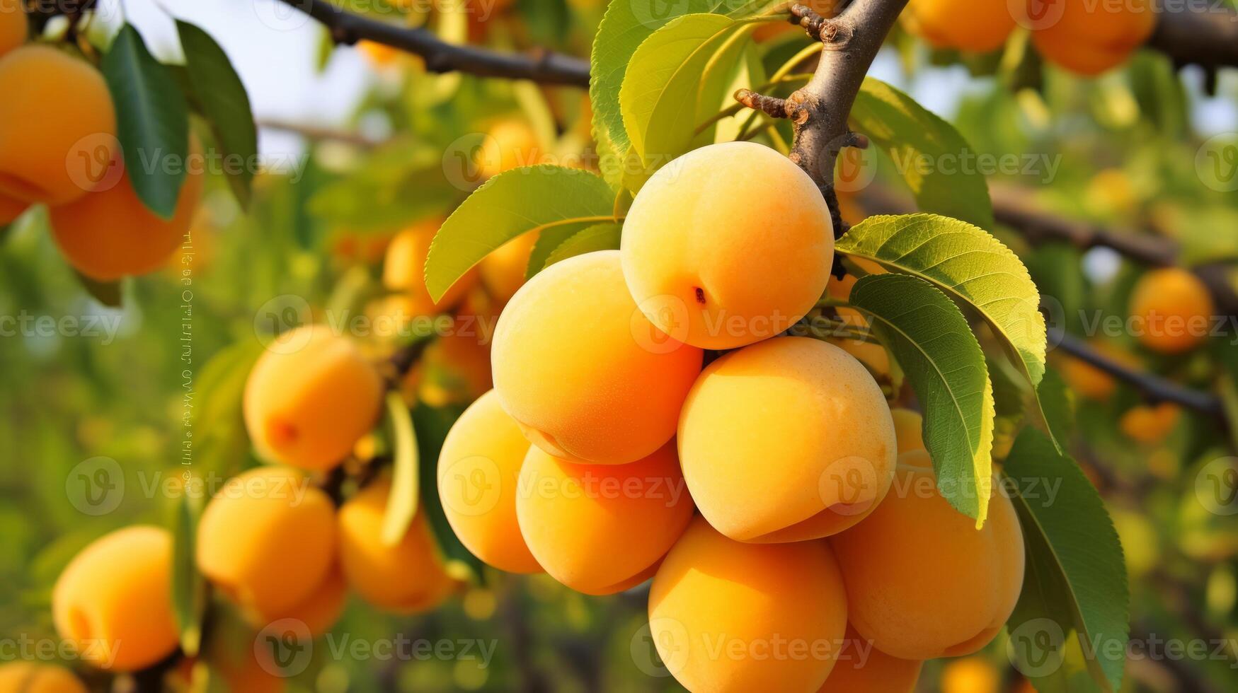 A bunch of ripe apricots on a branch. Neural network photo