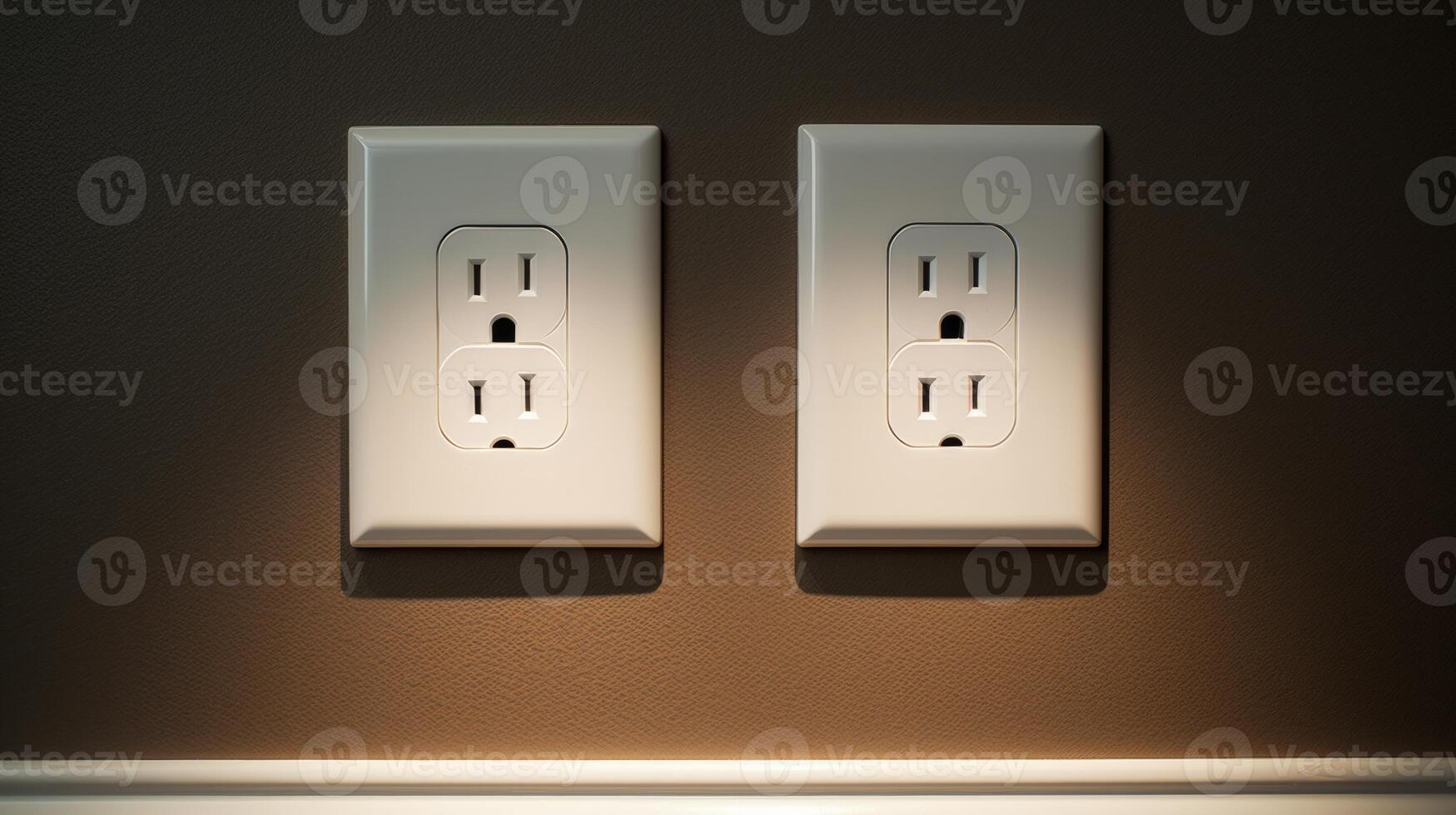 White wall mounted socket board with two electrical sockets and a switch. Neural network photo