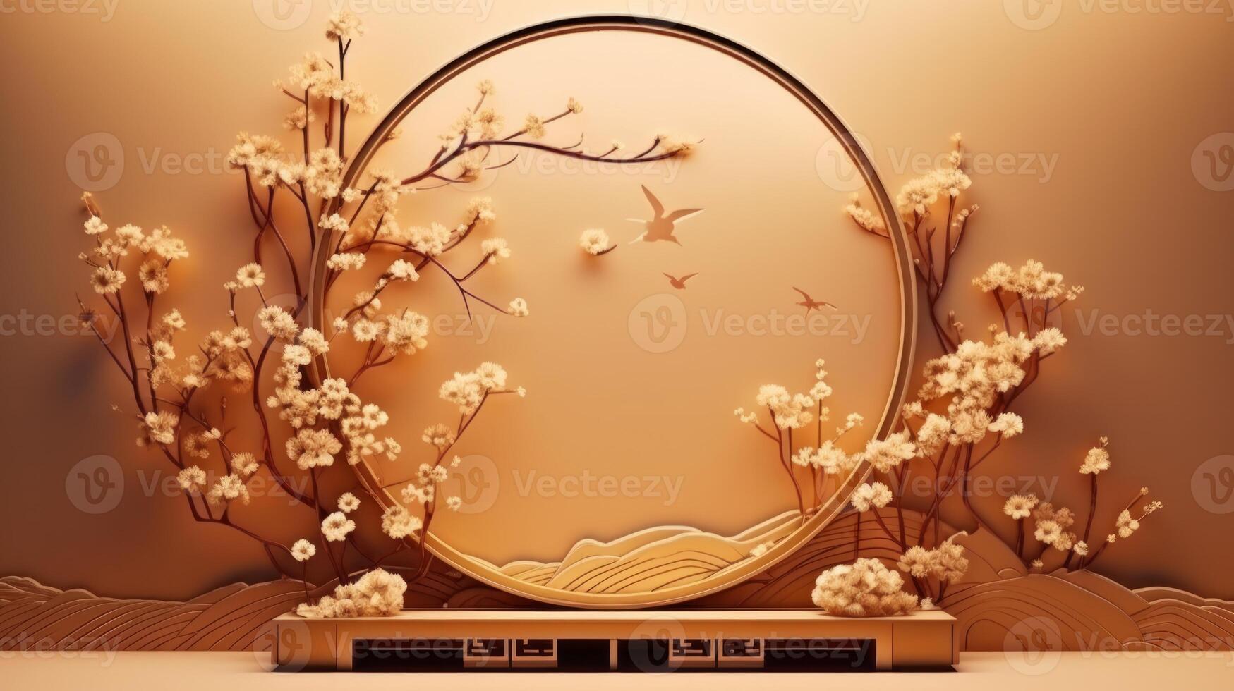 japanese style minimal abstract background.stone podium and bonsai with circle brown background for product presentation. Neural network photo