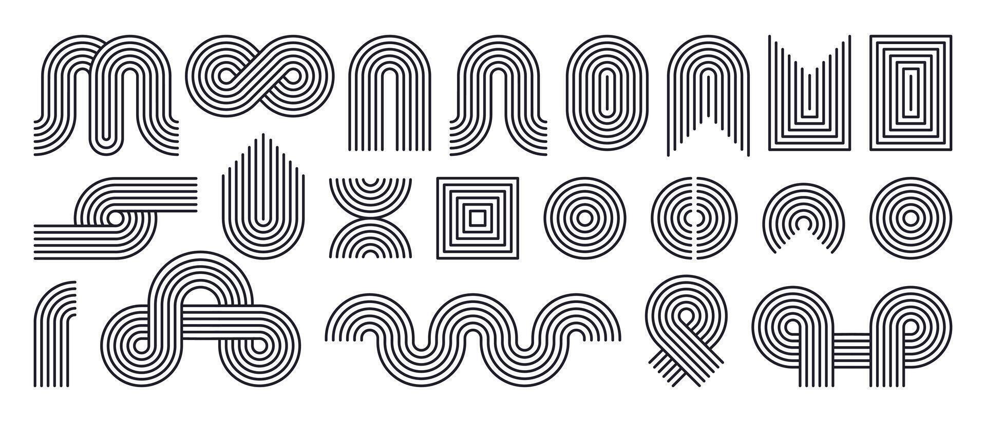 Abstract bauhaus arch figures. Geometric striped shapes, modern memphis design elements flat illustration set. Minimalist contemporary shapes vector
