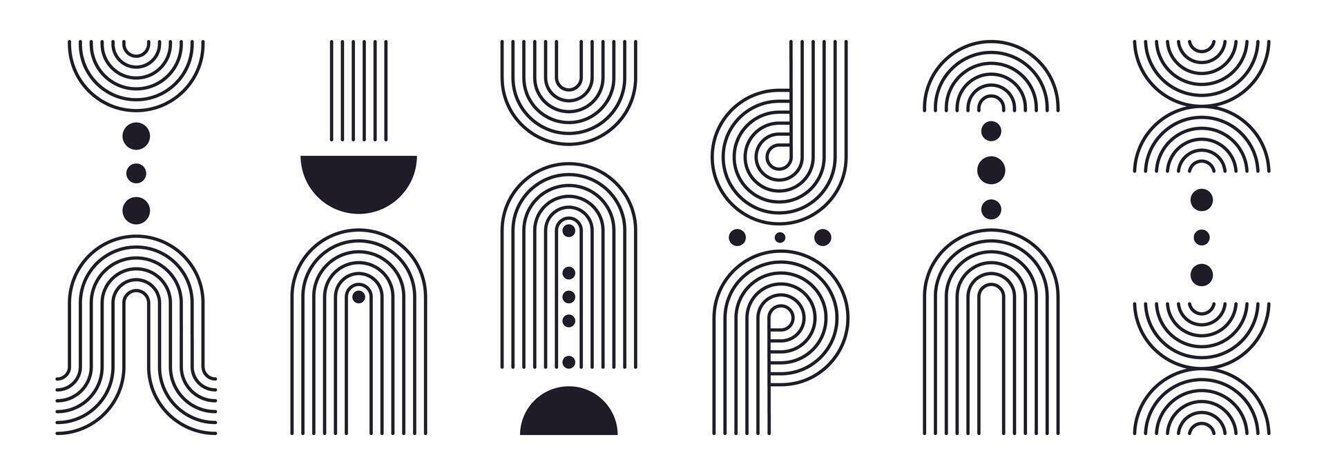 Geometric bauhaus striped shapes. Abstract arch figures, modern memphis design shapes flat illustration set. Contemporary minimalist elements vector