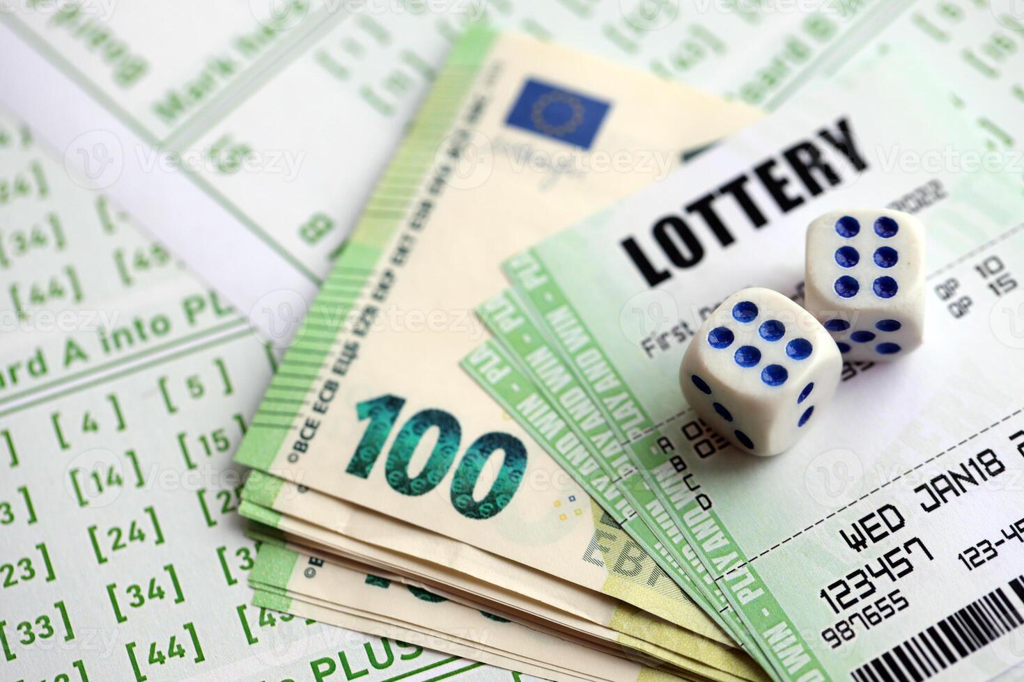 Green lottery tickets and euro money bills on blank with numbers for playing lottery photo