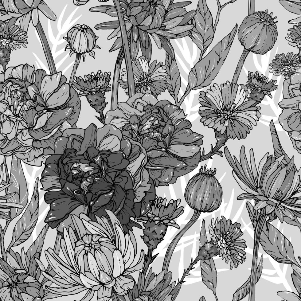 Seamless monochrome pattern with hand drawn flowers and brunchs vector