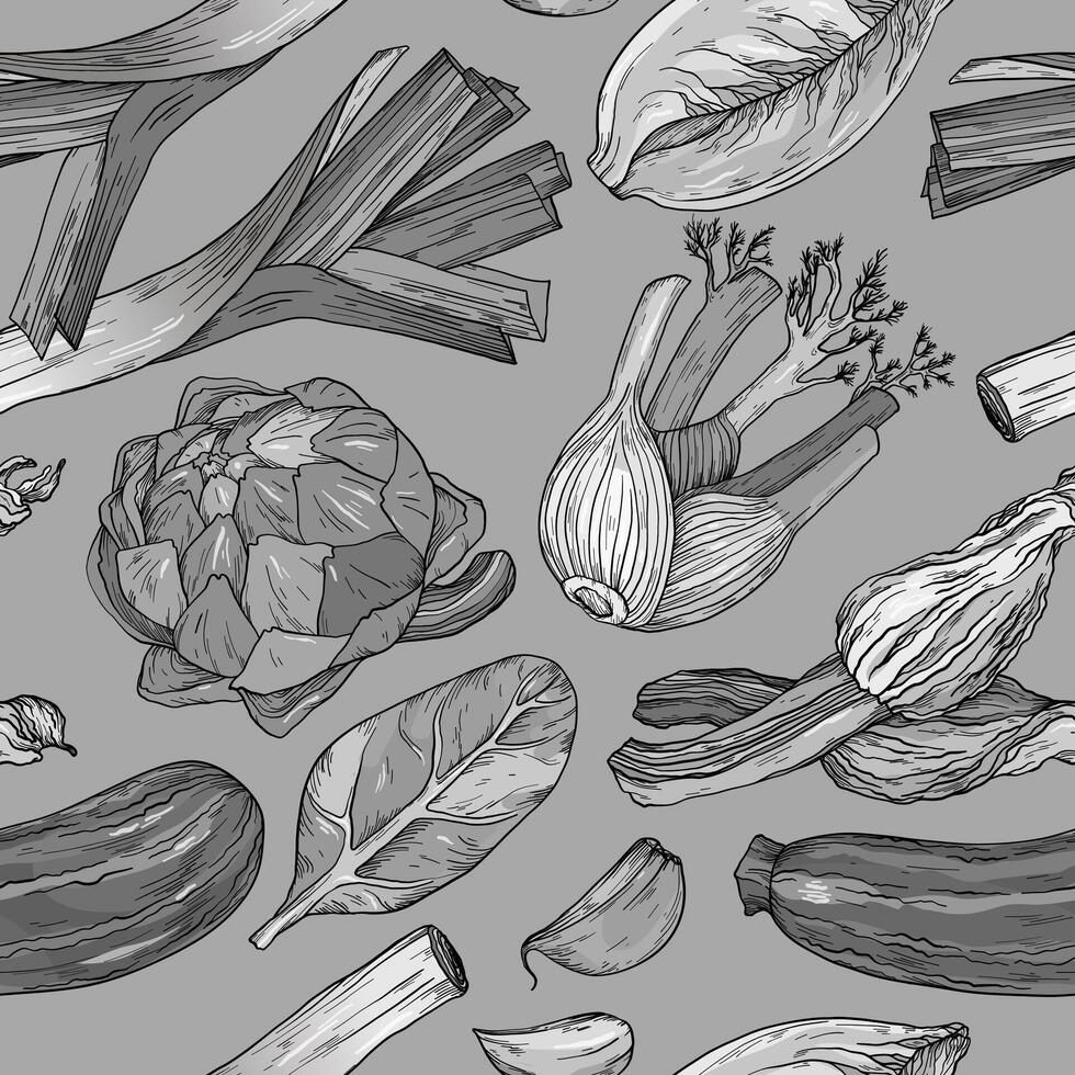 Seamless pattern with nature mediterranean vegetables. Fresh organic food. Vegetables vintage Hand-drawn sketch. Black and white vector