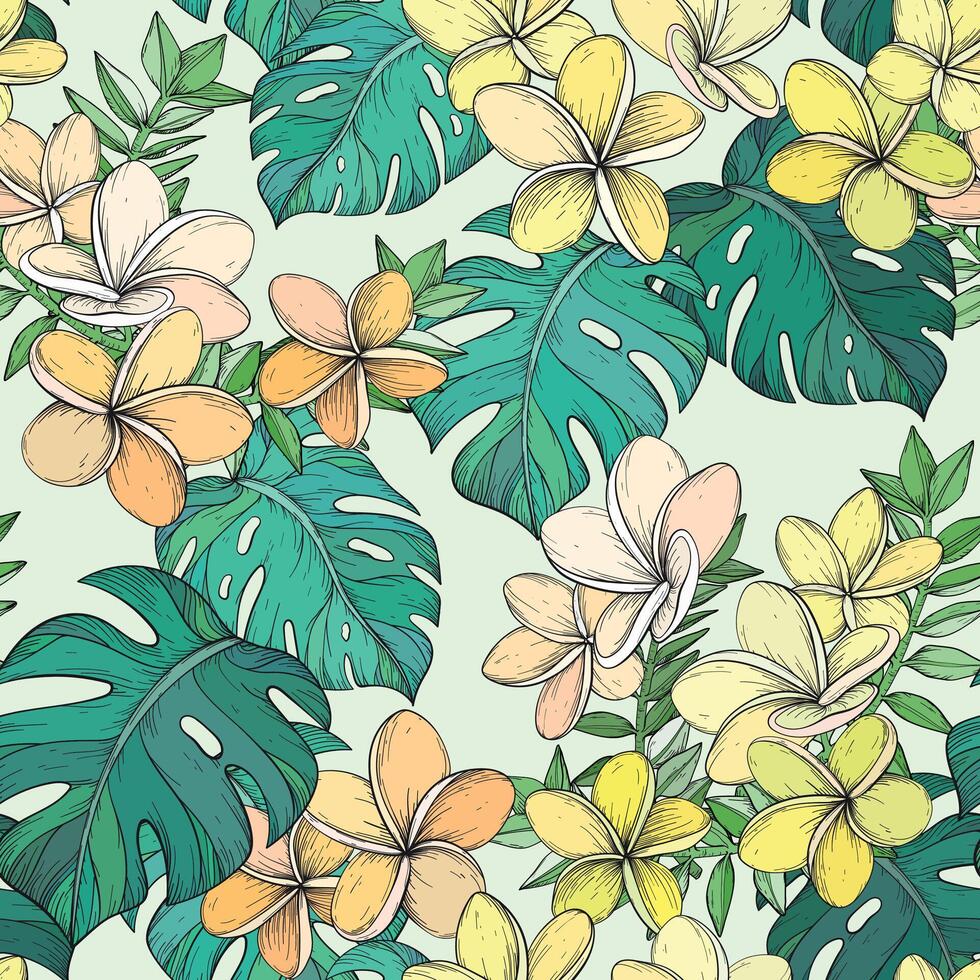 Seamless pattern with Tropical leaves and Frangipani flowers. vector