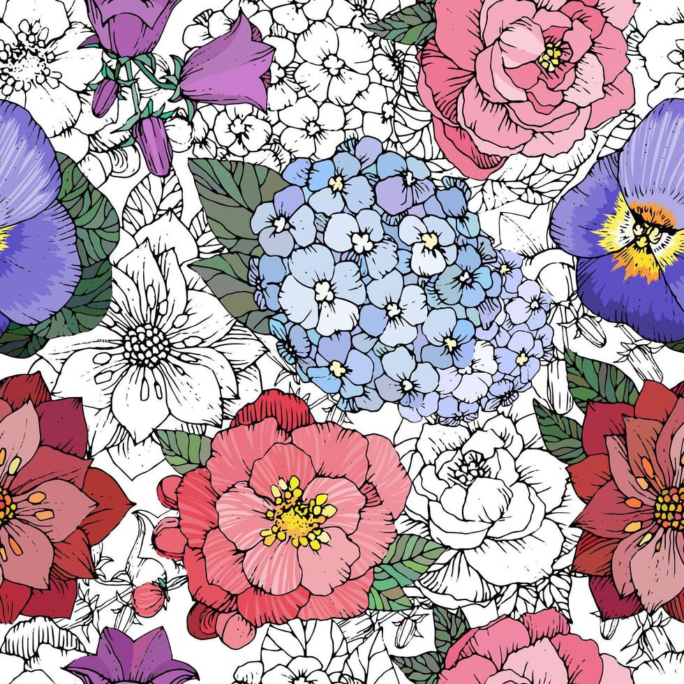 Beautiful seamless floral pattern with various flowers. Hand drawn Flowers background, vector
