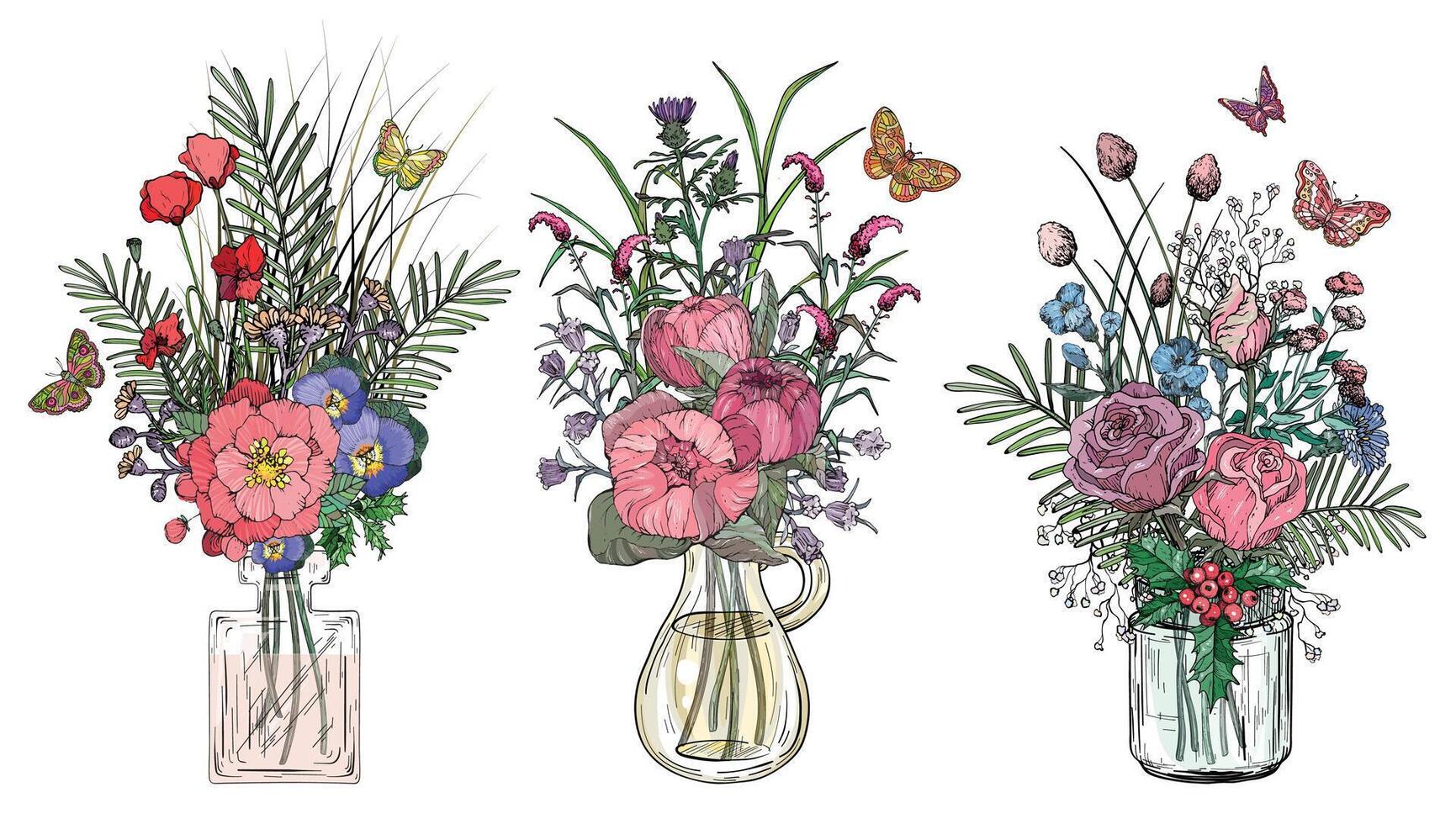 Set of bouquets of flowers in transparent glass vases vector
