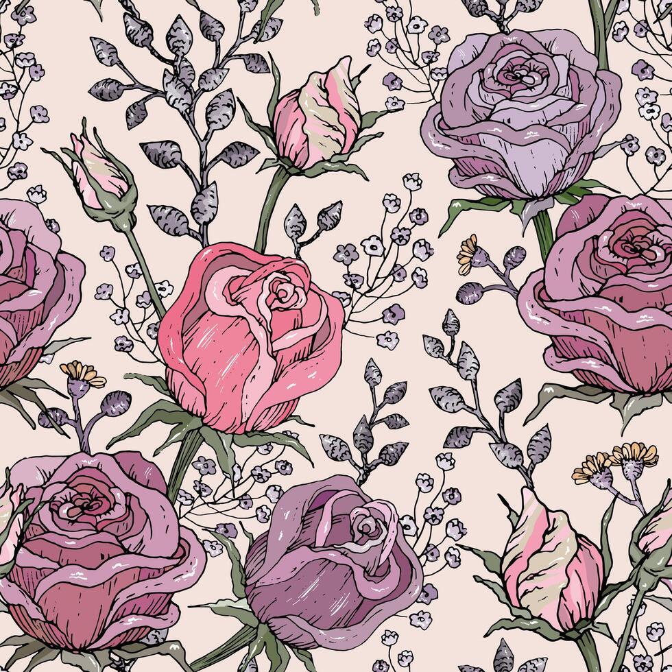 Hand drawn stylized graphic roses seamless pattern. vector